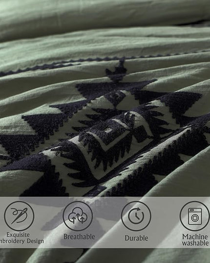 MaiRêve Embroidery Comforter Set, Boho Farmhouse Western Bedding Set, All Season Bed in A Bag Comforter Set with Sheets, Pillowcases & Shams, Olive Green Oversized Queen 7 Pieces