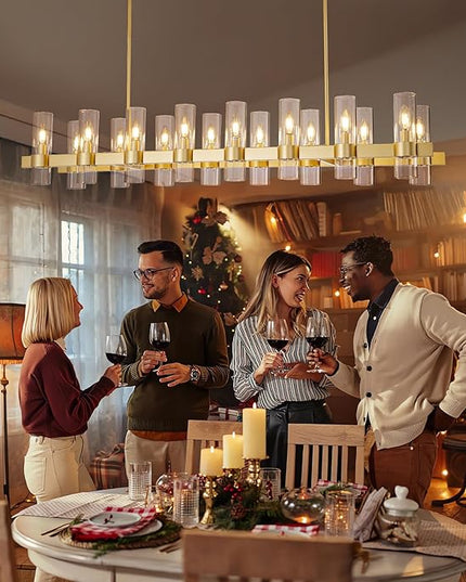 Gold Linear Chandeliers for Dining Room, 54" Rectangle Chandelier with Glass, 16-Light Modern Chandeliers Over Table, Farmhouse Chandelier for Kitchen Island, Industrial Pendant Light Fixtures