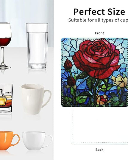 Marble Coasters Square Leather Drinks Coaster Set with Holder for Coffee Table Bar Home Decor 4 Inches Set of 6 (Rose, One Size)
