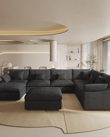 Cloud Couch Modular Sectional Sofa,160" U Shaped Couch, Convertible Wide Seater with Ottoman, 8 Seater for Living Room Set,Covers Washable&Replaceable,Black