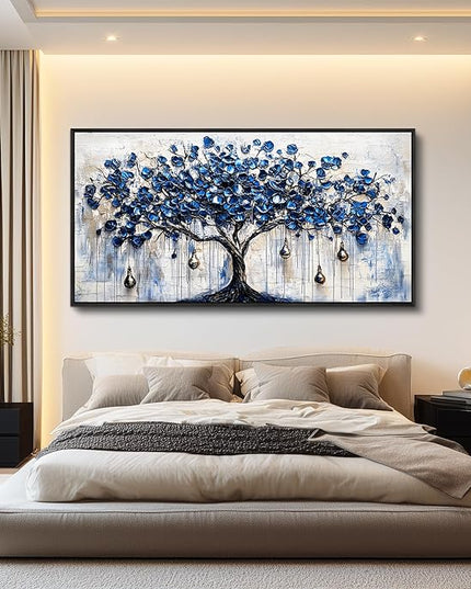 XIGUANGART Tree of Life Large Wall Art Modern Abstract Paintings Watercolor Blue Farmhouse Framed Artwork Tree & bell Canvas Prints Pictures Wall Decor for Living Room Bedroom Home Office Decoration