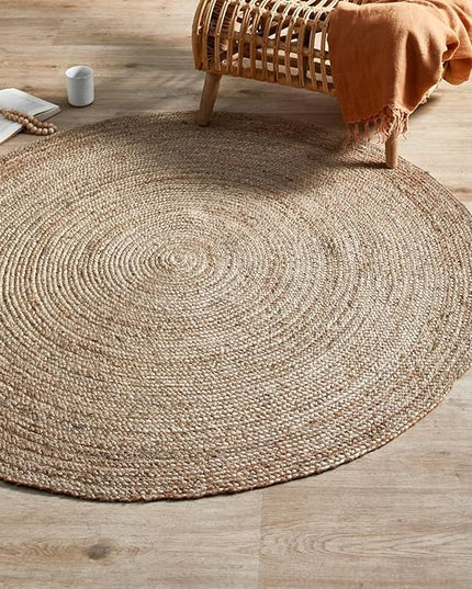FRELISH DECOR Handwoven Jute Area Rug - 8 feet Round - Natural Yarn - Rustic Vintage Beige Braided Reversible Rug - Eco Friendly Rugs for Bedroom - Kitchen - Living Room - Farmhouse (8' Round)