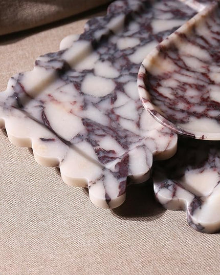 Natural 100% Marble Vanity Tray Luxury Scalloped Marble Storage Square Rectangle Tray for Home Decor Stone Tray for Bathroom Kitchen Candle Key (Rectangle-11.8 * 7.4-Calacatta Viola)