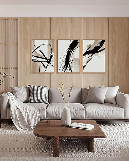 HOURIA Large Abstract Tan and Black Brush Stroke Framed Canvas Wall Art Set,Textured Beige Circle Wall Decor,Minimalism Brown Ink Line Artwork,Modern Shape Art Print for Living Room,Bedroom- 24"x36"x3