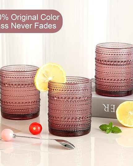 Vintage Glassware Drinking Glasses Set of 6,12 oz Hobnail Glass Cups,Embossed Purple Water Tumbler,for Beer,Cocktail,Whiskey,Juice and Various Mixed Drinks- 1 Cleaning Brush