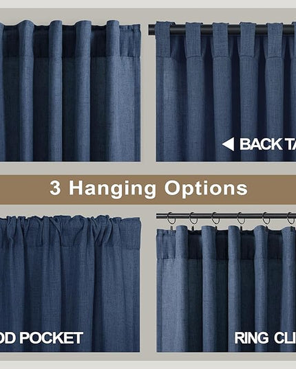 Pitalk 102 Inch Curtains Navy Blue Linen Drape for Bedroom 2 Panel Back Tab Loop Pocket Cotton Textured Semi Sheer Lightweight Dark Blue Indigo Curtain for Living Room Bay Window Nautical Decor 52x102
