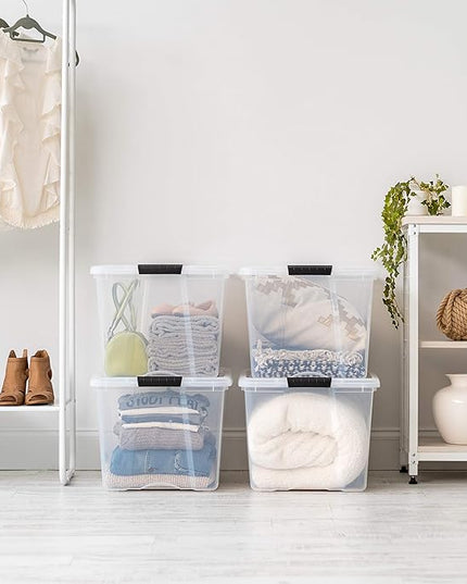 IRIS USA 72 Qt Stackable Plastic Storage Bins with Lids, 6 Pack - BPA-Free, Made in USA - See-Through Organizing Solution, Latches, Durable Nestable Containers, Secure Pull Handle - Clear