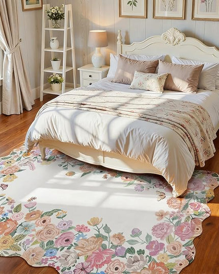 Wonnitar Washable 3x5 Bedroom Rug, Soft Camellia Floral Area Rugs for Living Room, Non Slip Boho Flower Nursery Rug Scalloped Throw Carpet for Kids Room Bedside Entryway Laundry Room (Beige,3'x5')
