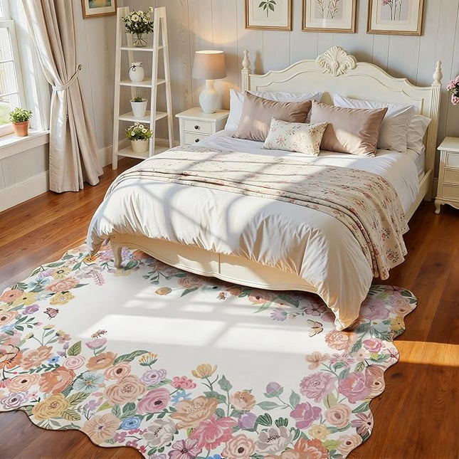 Wonnitar Washable 5x7 Area Rugs for Living Room, Camellia Floral Rugs for Bedroom Girls, Non-Slip Soft Flower Scalloped Rug Carpet for Kids Nursery Room Bedside Dorm Home Decor(Beige,5'x7')