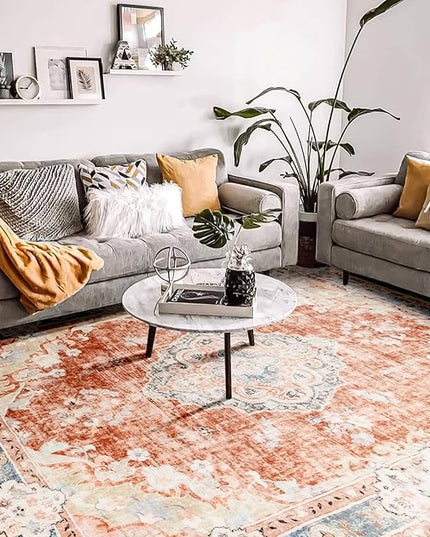 MUJOO 8'x10' Area Rugs for Living Room Large Washable Rug Boho Carpet 8'x10' for Bedroom Non Slip Abstract Soft Low-Pile Orange Navy Blue Floral