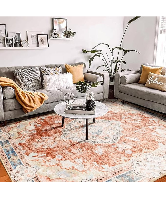 MUJOO 8'x10' Area Rugs for Living Room Large Washable Rug Boho Carpet 8'x10' for Bedroom Non Slip Abstract Soft Low-Pile Orange Navy Blue Floral