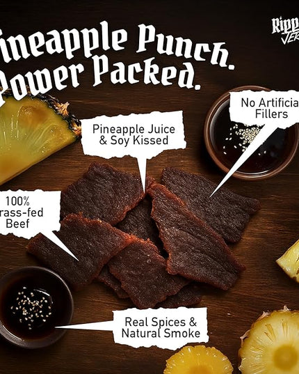 Ripped Beef Jerky - 100% Grass Fed Beef, 20g Protein, Real Ingredients, Gluten Free, No MSG, Made in USA (Pack of 3, Pineapple)