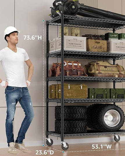 IZEUK Garage Shelving Wide Storage Shelves 5 Tier Metal Shelves 4000 LBS Heavy Duty Adjustable Utility Shelf Rack Black 23.6" D x 53.1" W x 73.6" H