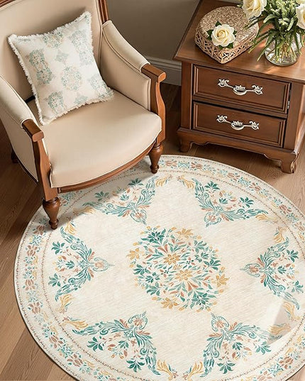 jinchan Round Rug 4ft Area Rug Vintage Floral Distressed Design Machine Washable Soft Non-Slip Low-Pile Ultra-Thin Circle Rug for Entryway Bedside Living Room Kitchen Nursery (4' Round, Apricot Multi)