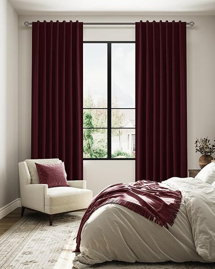Guken Blackout Curtains 120 Inch Length 2 Panels Set for Living Room Bedroom Back Tab Thermal Insulated 100% Black Out Linen Drapes Boho Christmas Decor,Burgundy 52x120