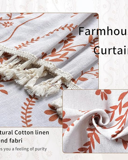 Boho Curtains for Living Room 63 Inches Long Semi Sheer Linen Floral Curtains Vintage Farmhouse Window Curtain 2 Panel for Dining Room Kitchen