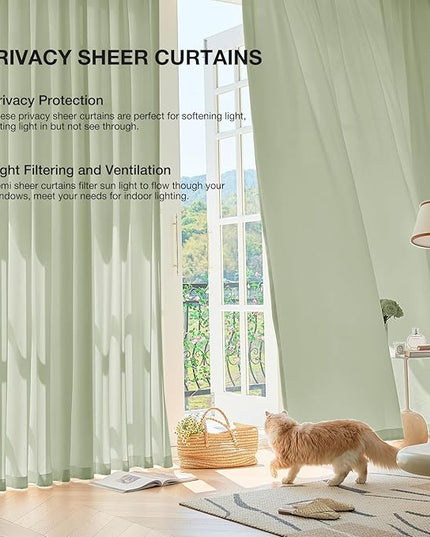 Anmao Non-See-Through Sage Green Privacy Semi Sheer Curtains for Living Room 45 Inch Length 2 Panels Set, Light Filtering That Let Light in Rod Pocket Window Drapes for Bedroom, 40W x 45L, Sage