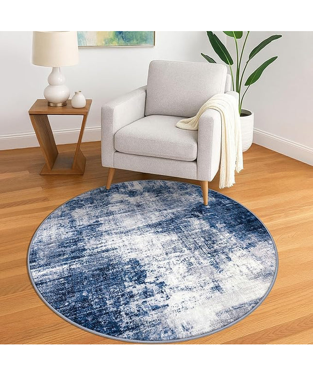 IOHOUZE Round Area Rug 5 Ft Circle Entryway Rugs Round Washable Door Mat Indoor Entrance, Non Slip Circle Front Door Rug, Printed Abstract Faux Wool Floor Carpet for Foyer Porch Sink, Navy/Grey