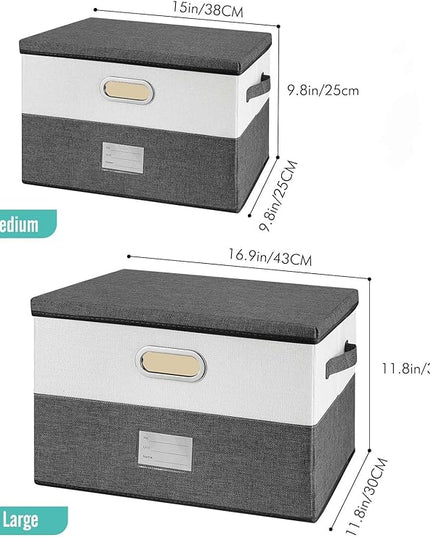 Large Linen Fabric Foldable Storage Bins with Removable Lid and Handles, Washable Storage Box Organizer Containers Baskets Cube with Cover for Bedroom,Closet,Office (Coffee&Cream, Medium)
