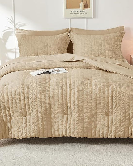 HYMOKEGE Khaki Queen Comforter Set Seersucker 7 Pieces, All Season Luxury Bed in a Bag Queen for Bedroom, Bedding Set with Comforter, Sheets, Pillowcases & Shams