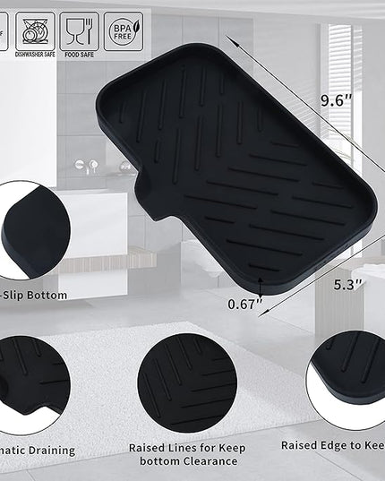 Silicone Bathroom Soap Dishes with Drain Spout-Bathroom and Kitchen Sink Organizer,Sponge Holder,Dish Soap Tray,Perfect for Dispenser,Scrubber,Bottle,Cup on Sink or Counter-Black 9.6"×5.3"