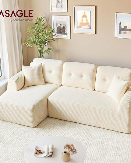 VASAGLE 108.3 Inches Boneless Couch with Chaise, Modular Sectional Sofa, Modern Cloud Couch with Deep Seat, L-Shape Corduroy Sofa for Living Room, Left-Facing Chaise, Bedroom, Cream White ULCS181WD01