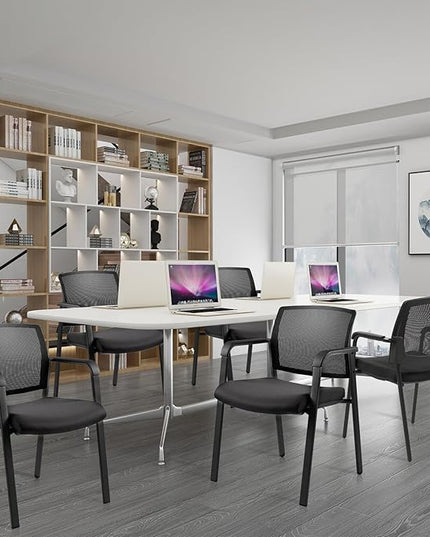 CLATINA Mesh Back Stacking Arm Chairs with Upholstered Fabric Seat and Ergonomic Lumber Support for Office School Church Guest Reception Black 4 Pack Set New Version