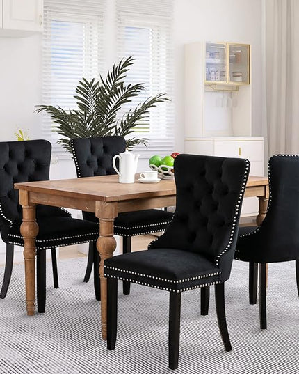 SoarFlash Velvet Dining Chair Set of 8, Upholstered Tufted Dining Room Chair with Nailhead Trim and Solid Wood Leg for Kitchen (Black)