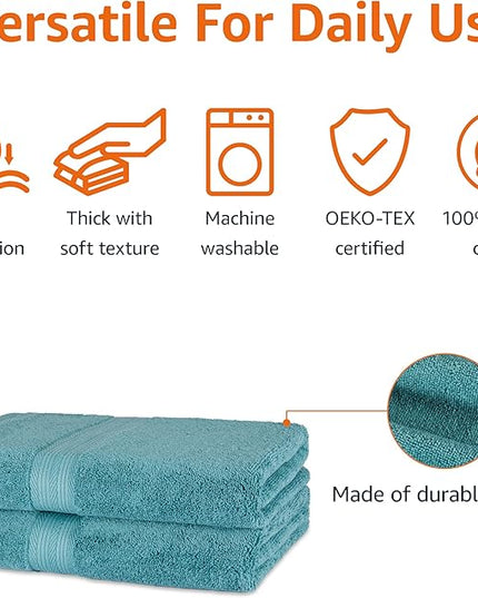 Amazon Basics Fade-Resistant 100% Cotton Bath Towel, 2 Pack, 30"x54", Teal Green