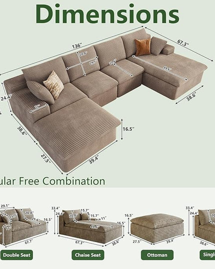 136" W Cloud Couch Modular Sectional Sofa for Living Room, U-Shape Boneless Couch with Deep Seat, Modern Corduroy 4-Seater with Ottoman, No Assembly Required (Camel,Right-Facing Chaise)