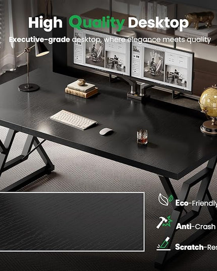 63" Large Executive Desk - Computer Office Desk Workstation, Modern Business Writing Table with Sturdy Metal Legs for Home Office (Black/Black)