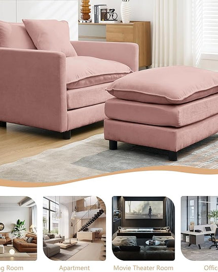 SZLIZCCC 56.3''D Oversized Chaise Lounge Chair Indoor, Comfy Chenille Upholstered Sofa Chair with Ottoman, Deep Seat Single Sofa Couch with 1 Pillow for Living Room (Pink, 56.3"- Single Seat)