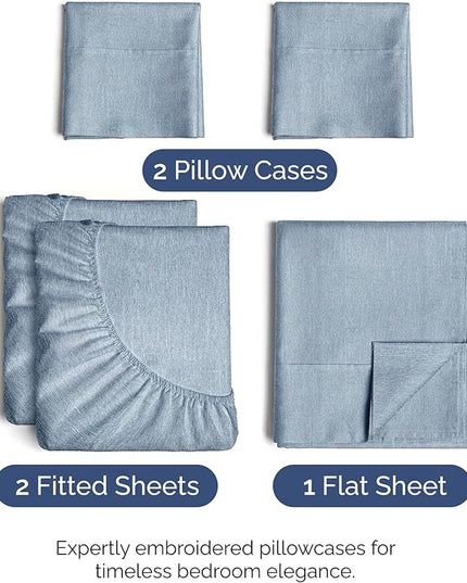 Split King Size 5 Piece Sheet Set - Comfy Breathable & Cooling Bed Sheets Set - Hotel Luxury Bedding for Women, Men, Kids, Teens, Boys & Girls - Deep Pockets & Wrinkle Free - Blue (Heathered Sheets)