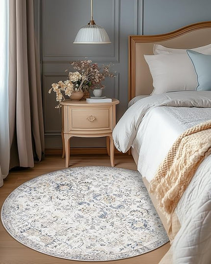 jinchan Kalen Round Rug 5ft Area Rug Washable Vintage Indoor Retro Accent Entryway Floor Cover Distressed Floral 5' Round Circle Boho Non Slip Thin Carpet for Bedroom Living Room Dining Room Blue