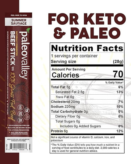 Paleovalley 100% Grass Fed Summer Sausage Beef Sticks - Delicious Gluten Free Beef Snack - High Protein Keto Friendly