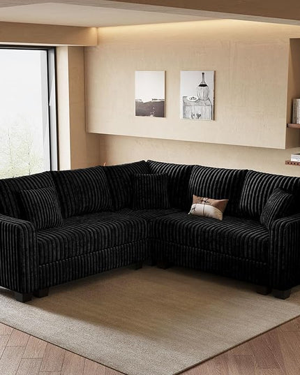 Belffin Convertible Sectional Couch with Chaise Corner Sectional Sofa L Shaped Couch Reversible Corner Upholstered Couches for Living Room Corduroy (Black, V Shaped)