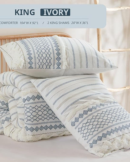 Ink+Ivy Comforter for King Size Bed, Chenille Tufted, Breathable Cotton Comforter Set King, All Season Modern Boho Comforter with Farmhouse Bedding Flare, 2 Matching Shams, King White/Navy 3 Piece