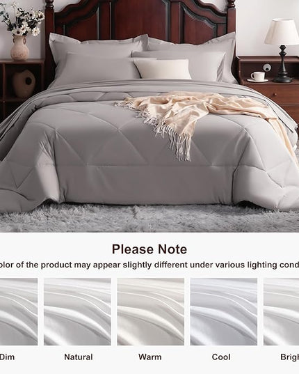 NTBAY King Comforter Set with Sheets, 7 Pieces Soft and Breathable King Bedding Set, Bed in a Bag, Down Alternative Comforter Set Solid Color All Season, Smoke Grey