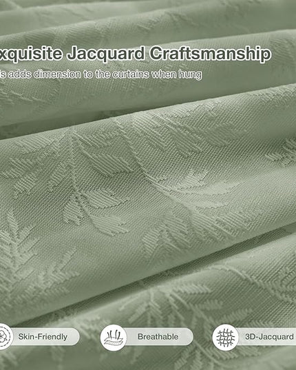Anmao Sage Green Semi Sheer Light Filtering Curtains 72 Inches Long 2 Panels, Leaf Pattern Drapes for Living Room Bedroom, Rod Pocket Sheer Window Treatments with Floral Design, 52x72 Inch