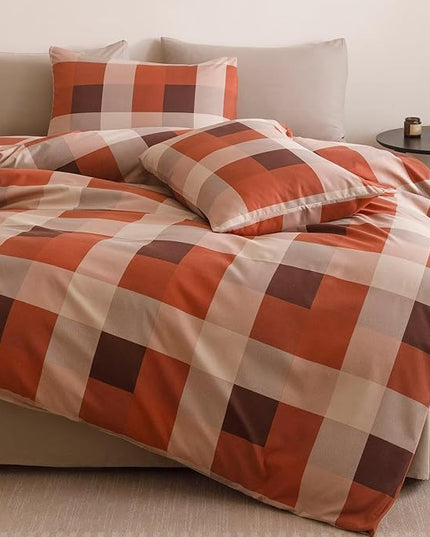 Luxlovery Checkered Red Comforter Set King Gingham Bedding Set Women's Bedding Grid Bedding Set Fluffy Soft Cottagecore Khaki and Brick Red Blanket Quilts with 2 Pillowcases King Bed