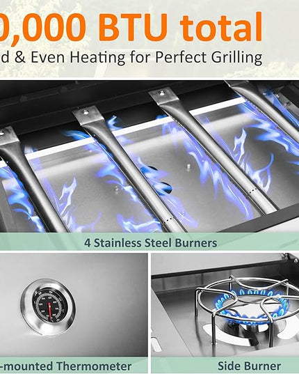 Polar Aurora Propane Gas Grill 4 Burners with Side Burner, Stainless Steel Grill Cart with Wheels for Outdoor Patio Garden Backyard Cooking bbq Grill