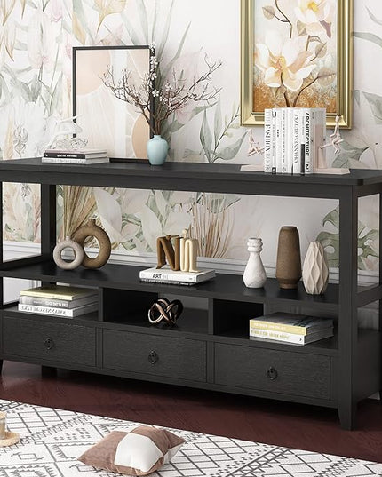 Karl home Console Table with 3 Bottom Drawers, 57.9" W Sofa Side Table Entryway Desk with 3 Storage Cubbies 1 Open Shelf, Vintage TV Stand for Hallway Living Room Office, Black 29.9" H