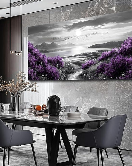 Canvas Wall Decor for Office Large Wall Art for Living Room Modern Bedroom Wall Decoration Purple Flowers Landscape Pictures Black and White Scenery Paintings Artwork Aesthetic Home Decor