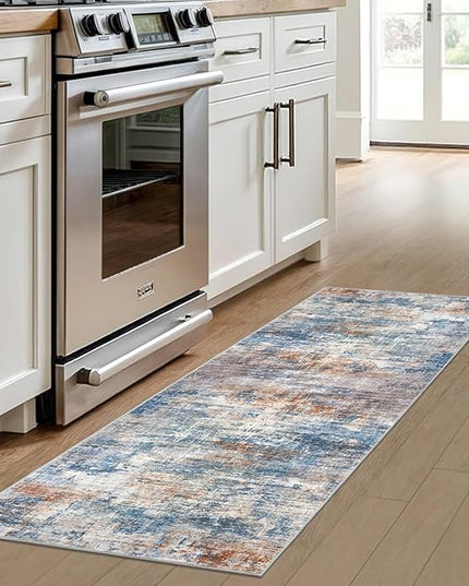 IOHOUZE Abstract Runner Rug 2x6 Ft Washable Runners for Hallways, Non Slip Kitchen Runner Printed Faux Wool Entryway Runner Indoor, Modern Abstract Floor Carpet for Hall Bedroom, Blue Rust