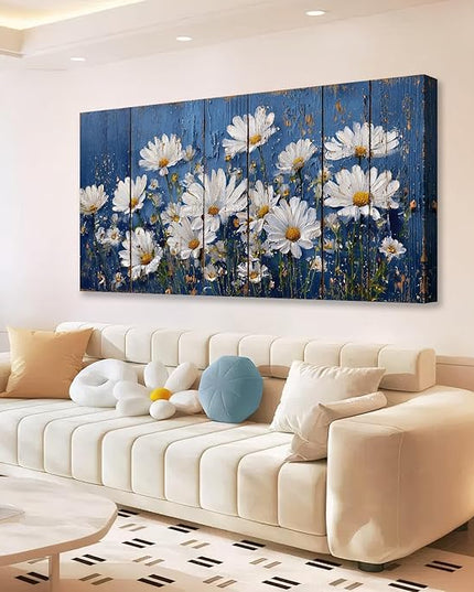 HUADAOART Canvas Wall Art Blue White Daisy Flowers 40 x 20 Inches Contemporary Living Room Bedroom Decor Ready to Hang