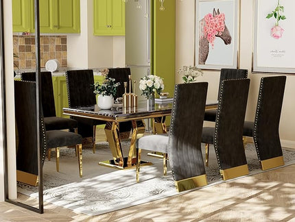 Luxury Dining Table, Black and Gold Dining Room Table, 78 inch Rectangle Dining Table with Polished Gold Double Pedestal for 4-8