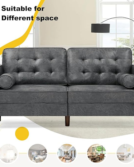 67" Suede Leather 2 Seater Sofa with Two Bolster Pillows, Tufted Sofa with Wooden Legs, Mordern Couch for Living Room, Office, Apartment, Grey