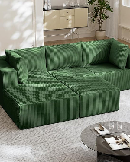 108" Boneless Couches for Living Room, Modular Cloud Couch Sofa - 4 Pieces U Shap Corduroy Sectional Sofa, Fluffy Memory Foam Sleeper Sofa Furniture, No Assembly, Wide Armrest, Green