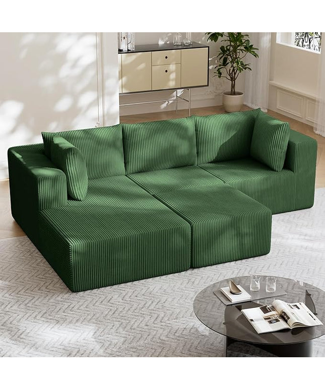 108" Boneless Couches for Living Room, Modular Cloud Couch Sofa - 4 Pieces U Shap Corduroy Sectional Sofa, Fluffy Memory Foam Sleeper Sofa Furniture, No Assembly, Wide Armrest, Green