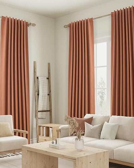 Guken Terracotta Linen Blackout Curtains 84 Inch Length 2 Panels Set Fall Curtains for Living Room Bedroom Back Tab Thermal Insulated 100% Black Out Linen Drapes，52x84